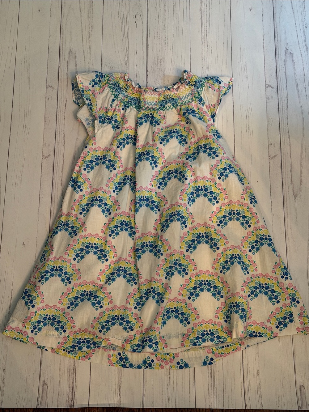 Girls' Cream Rainbow Print Smocked Dress